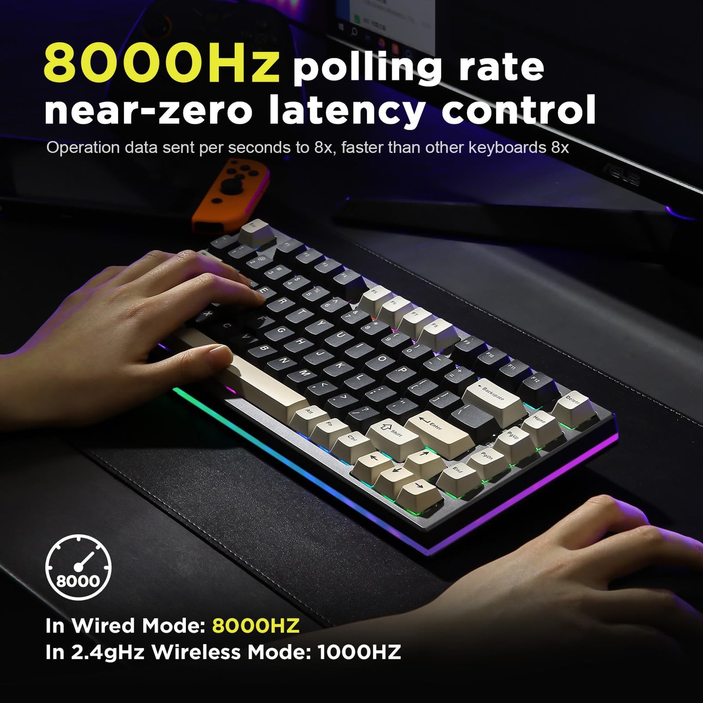 YUNZII RT80 Rapid Trigger Hall Effect Magnetic Gaming Keyboard, 8K Polling Rate, 75% Layout,BT/2.4GHz/Wired,RGB Backlit,Hot Swap,Adjustable Actuation Wireless for Win/Mac(Black, Gateron White)