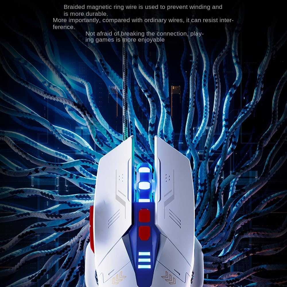 Aimery Wired Gaming Mouse Computer mice Mechanical Breathing Colorful Light with Sound 7 Keys USB Braided Rope 4 Speed DPI Ergonomics PC Laptop Mecha White