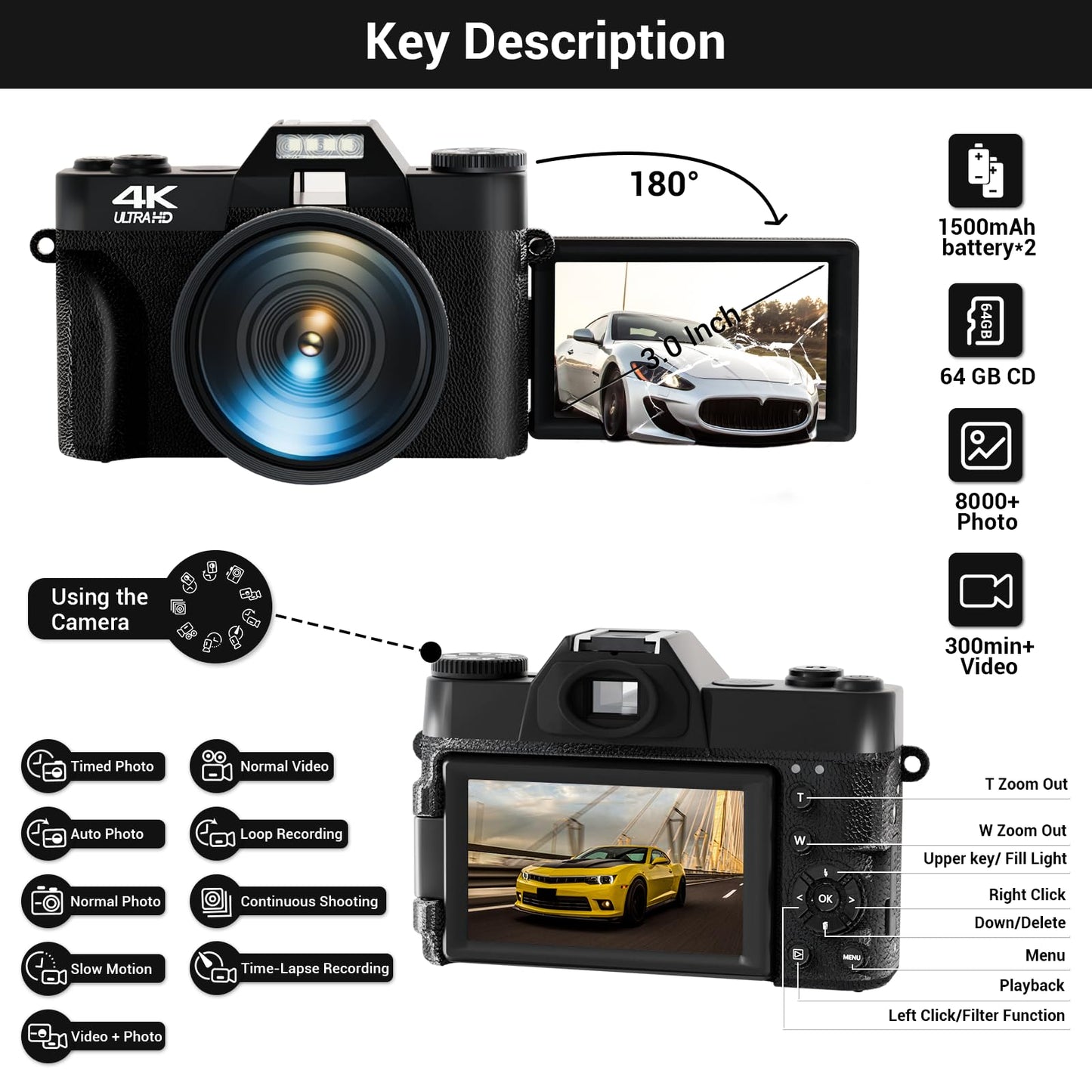 4K Digital Camera for Photography, 75MP WiFi Vlogging Video Camera for YouTube with 3'' 180°Flip Screen, 64GB SD Card, 16x Digital Zoom, 2 Batteries, Point and Shoot Digital Camera for Beginner Black
