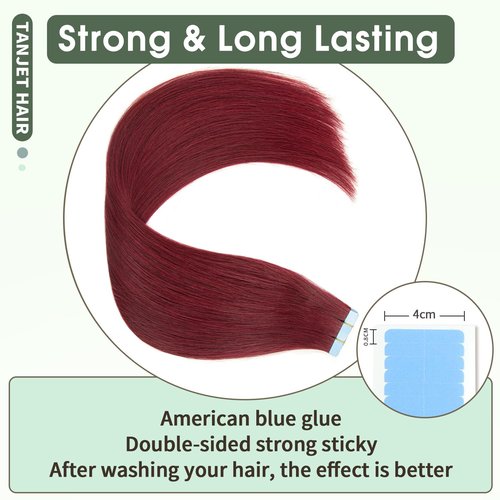 TANJET Human Hair Tape in Extensions 22 Inch Straight Remy Hair Tape in Extensions Wine Red #99J Invisible Seamless Skin Weft Thick Soft Silky Hair Extensions Tape in (#99J 22 Inch 20pcs 50g/Pack)