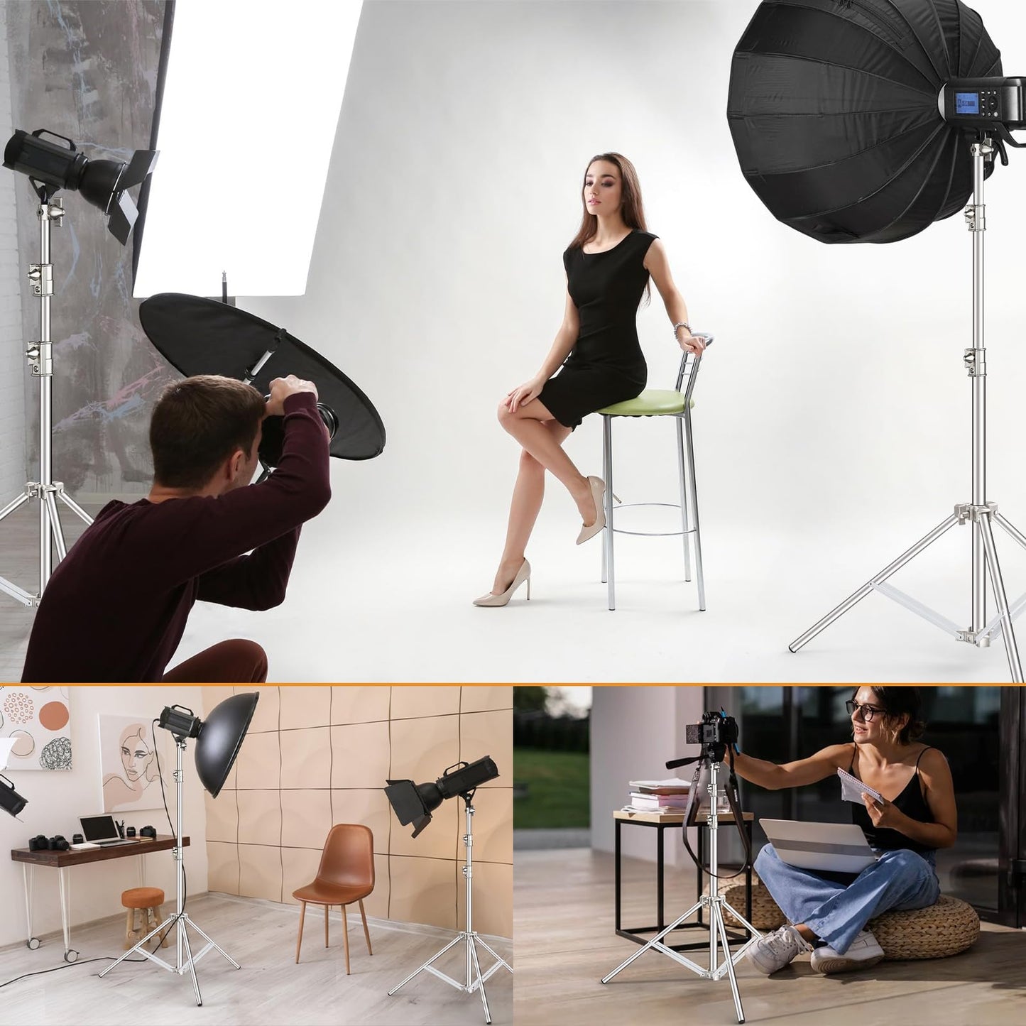 9.2 FT Stainless Steel Photography Stand, Heavy Duty Tripod With 1/4" to 3/8" Screw Adapter for Strobe, LED Video Light, Ring Light, Monolight, Softbox