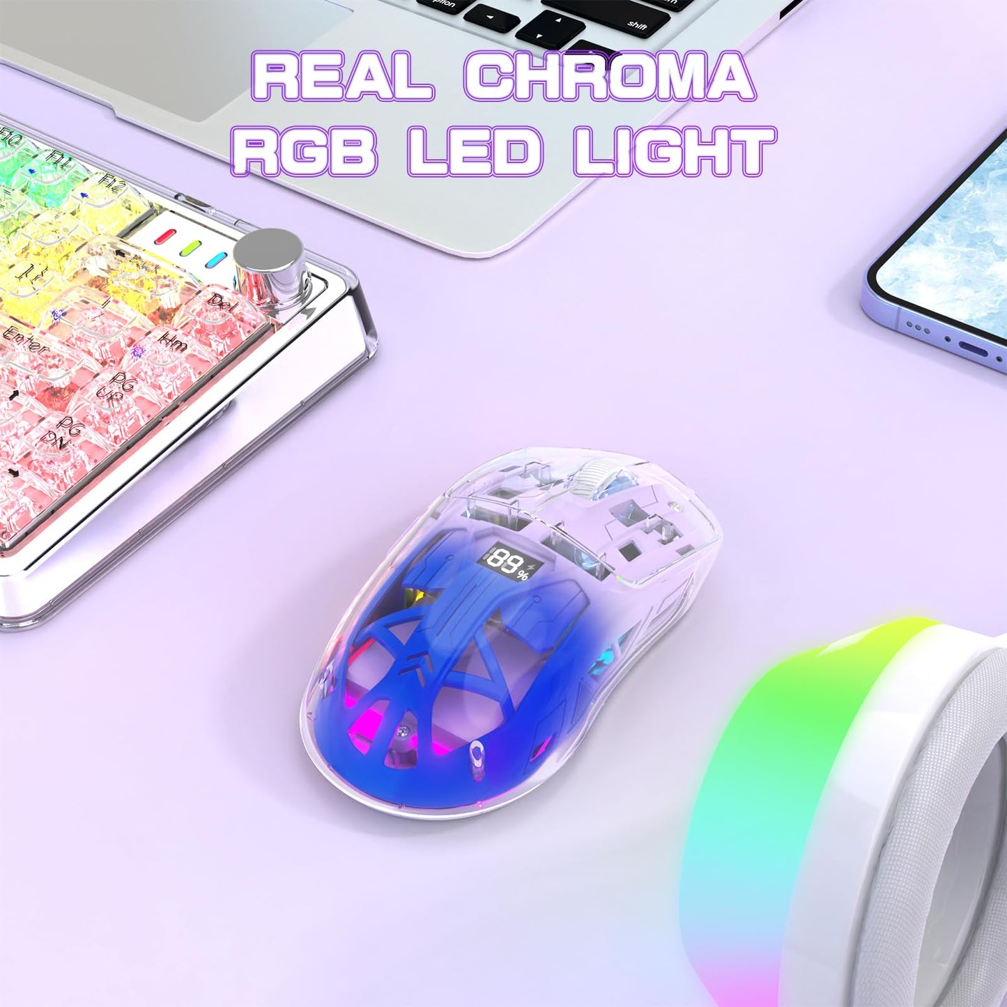 ZIYOU LANG A2 Transparent Wireless Gaming Mouse with Battery Level Display,Bluetooth/2.4G Wireless PC Mice,3D RGB Backlit,5 Million Clicks,PixArt 3212,up to 4000 DPI for Win/MAC,Purple