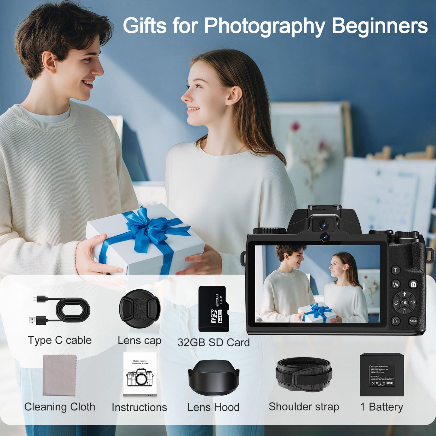 8K Digital Cameras for Photography, WiFi 64MP Vlogging Camera for YouTube, 4" Touch Screen Travel Camera with Dual Lens, Auto Focu, 16X Digital Zoom, 3000mAh Batteries, 32GB Card, Black
