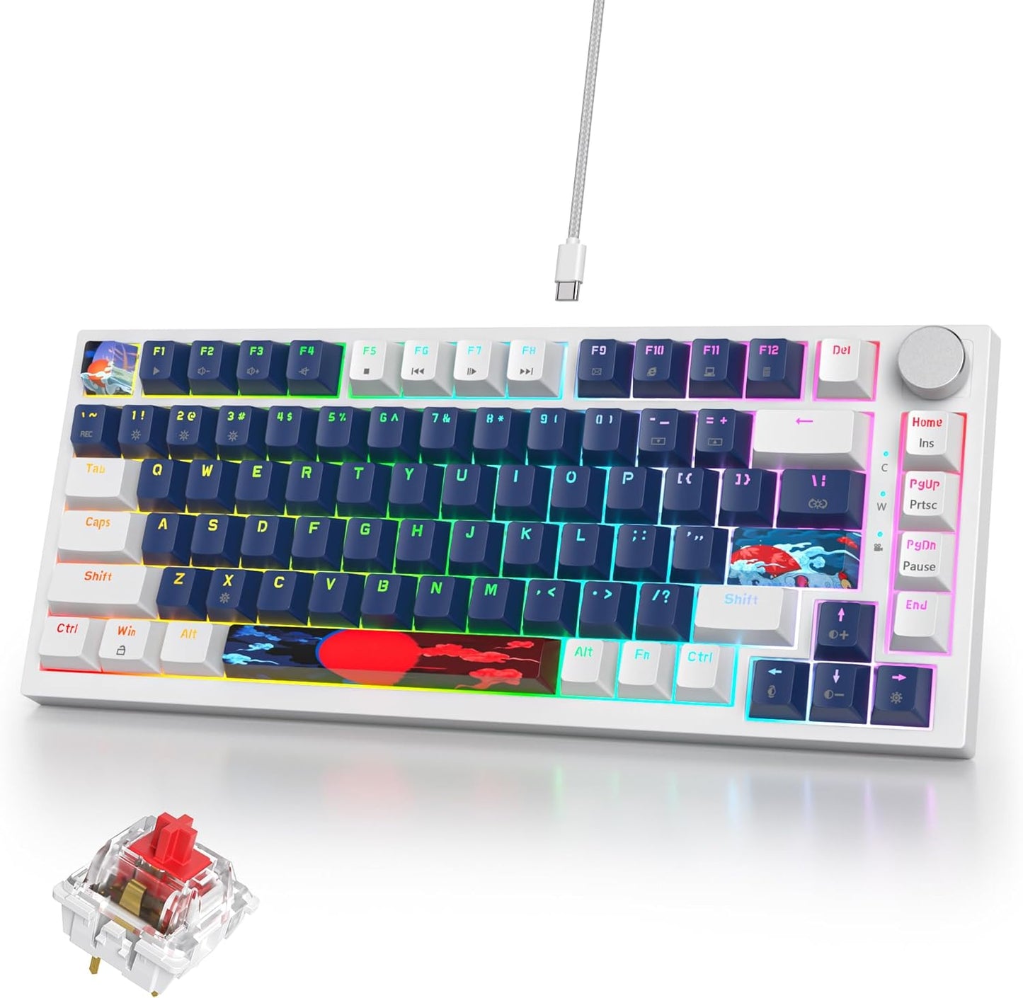 75% Mechanical Gaming Keyboard, Hot Swappable RGB Backlit Custom With Knob, Gasket Mount USB Wired, 82 Keys Blue White Linear Red Switch (82 Blue White)