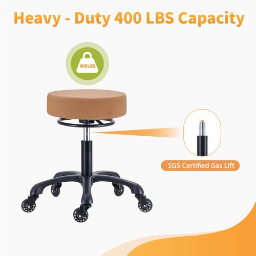 Coczeb Rolling Salon Stool with Wheels 360° Adjustable Height (15"-21.6") Extra Wide Seat, Silent Rollers & 400LB Capacity for Hair, Nail & Home Office(Brown)