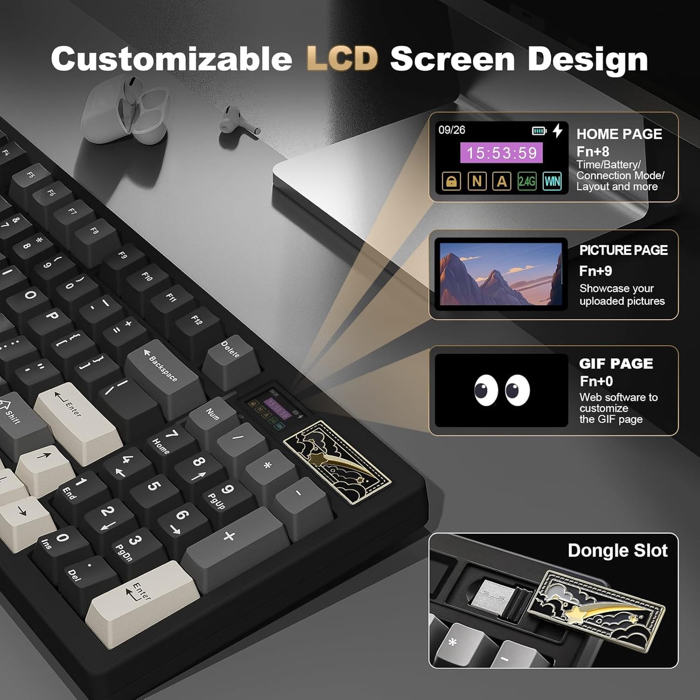 YUNZII IF99 Wireless Mechanical Gaming Keyboard(Black, Cocoa Cream V2 Switch), MOG Dye Sub PBT Keycaps(Pink Ice Cream)