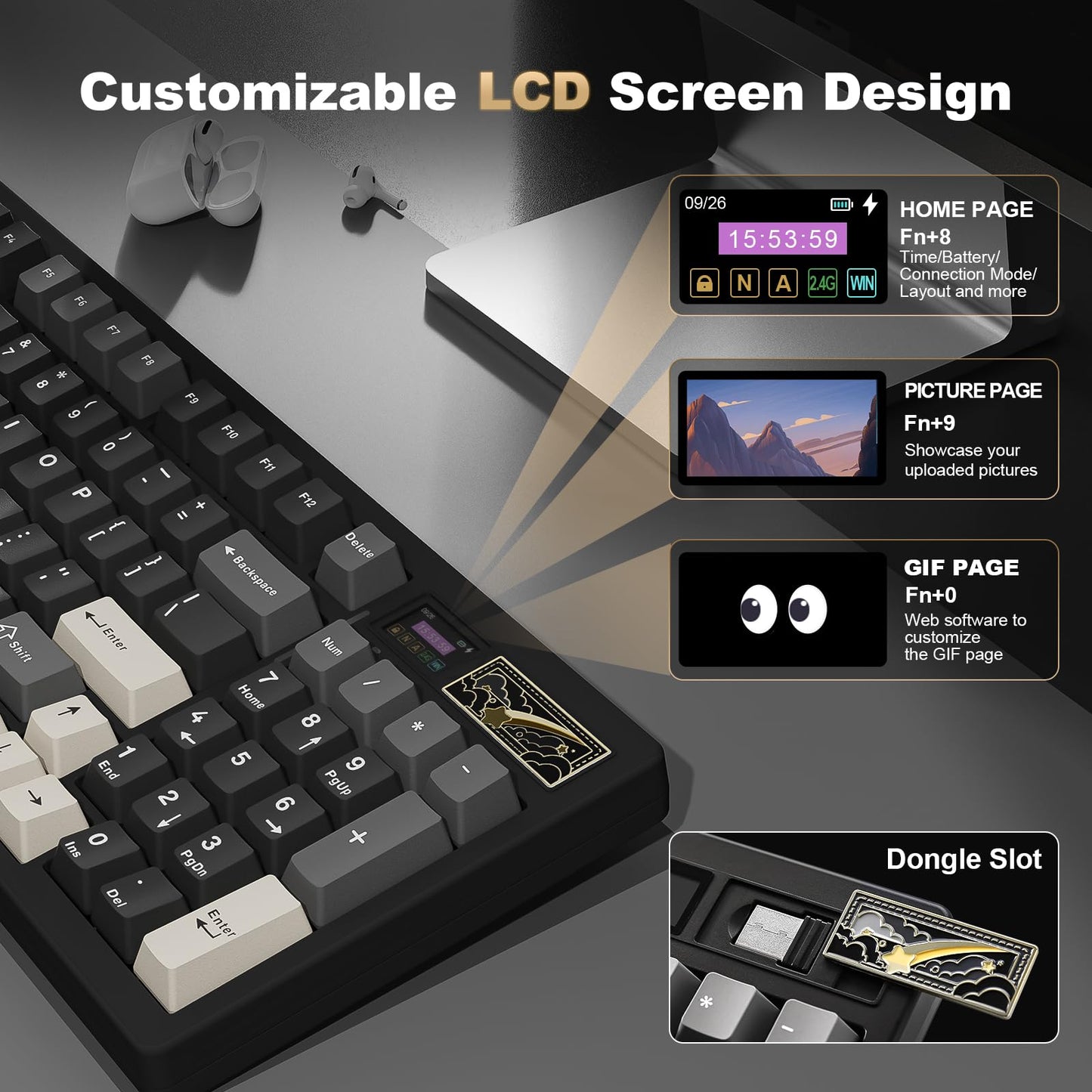 YUNZII IF99 Wireless Mechanical Gaming Keyboard with Smart LCD Display, QMK/VIA Programmable BT/2.4G/USB-C Gasket Mounted Hot Swap RGB 96% Layout for Mac/Win (Black, Gateron Zero Switch)