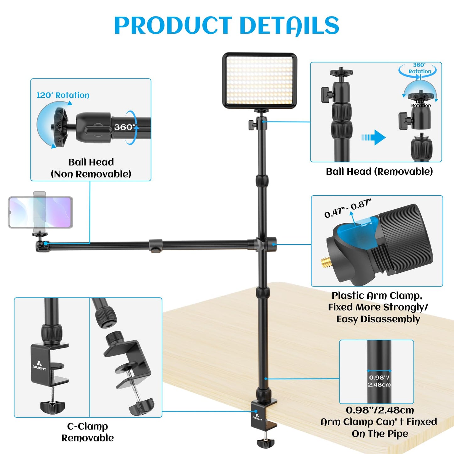 ailight Overhead Camera Mount Desk Stand, Webcam Mount with 2-Section Adjustable Telescopic Boom Arm, Tabletop C Clamp for DSLR Camera, Ring Light, Live Streaming, Photo Video Shooting