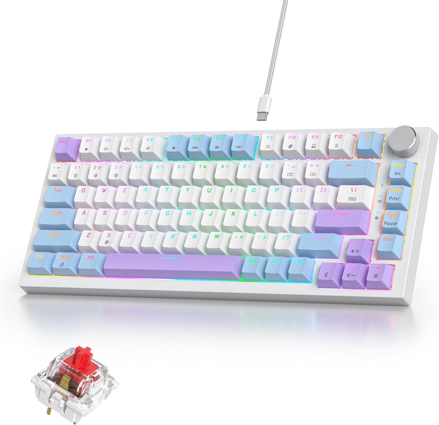 75% Mechanical Gaming Keyboard with Volumn Knob, Gasket Hot Swappable RGB, Wired, Red Switch, 82 Keys Compact Creamy (Black Grey)