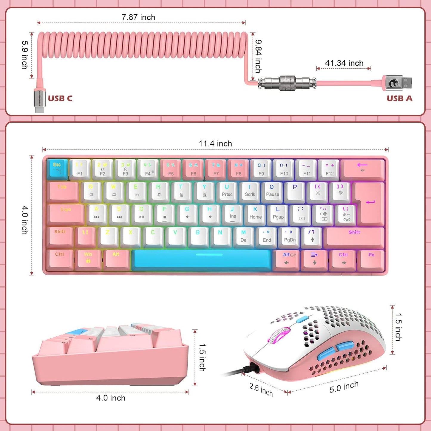 ZIYOU LANG RK-T60 Wired Mechanical Gaming Keyboard Mini Portable with Rainbow Backlit 62Key ABS Keycaps Full Anti-Ghosting Ergonomic Design Coiled Aviator Cable for PS4/PC/WIN Gamer(Blue/Red Switch)