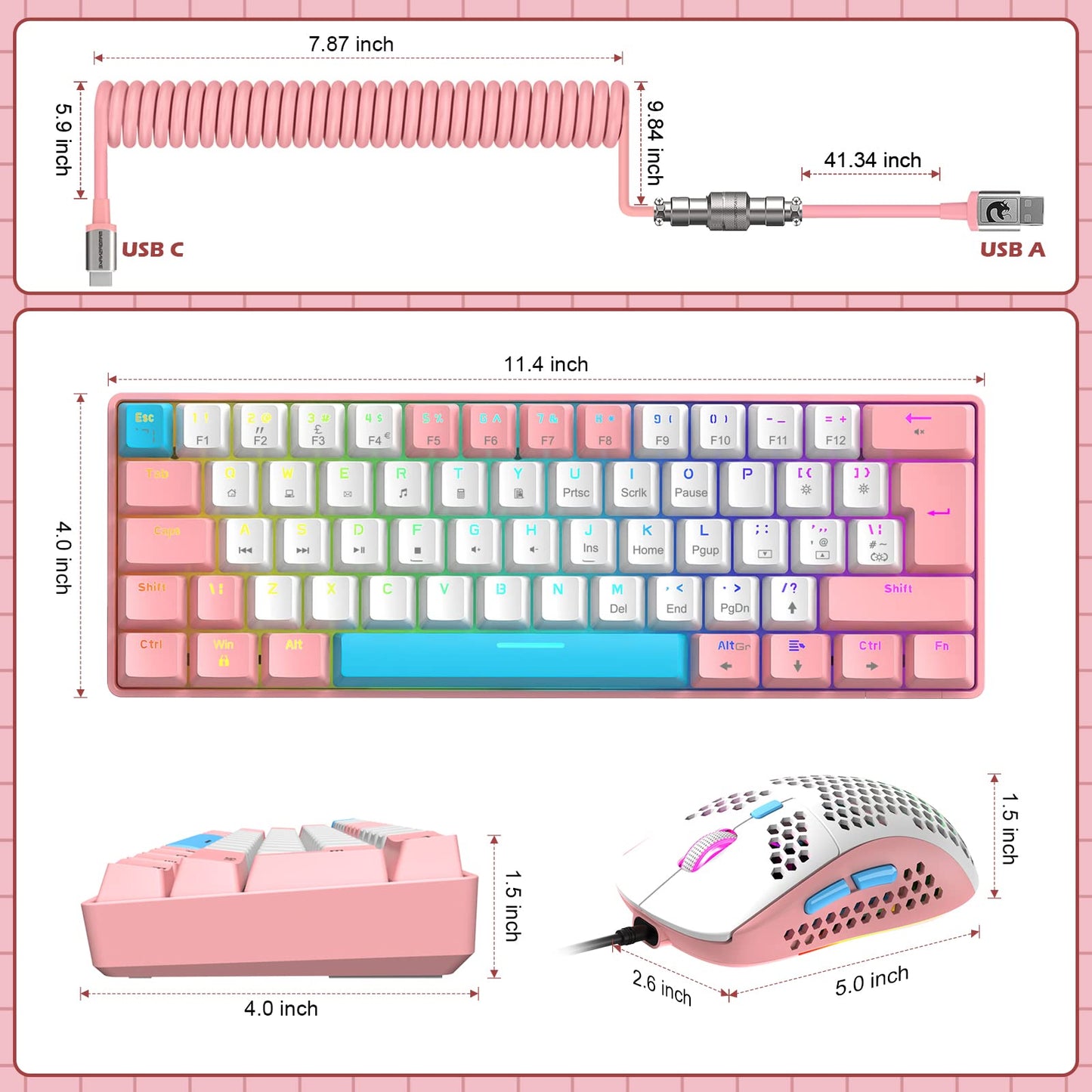 ZIYOU LANG RK-T60 Wired Mechanical Gaming Keyboard and Mouse Combo Mini Portable with Rainbow Backlit 62Key NKRO 6400DPI RGB Honeycomb Mice Coiled Aviator Cable for PS4/PC/WIN Gamer(Pink/Blue Switch)