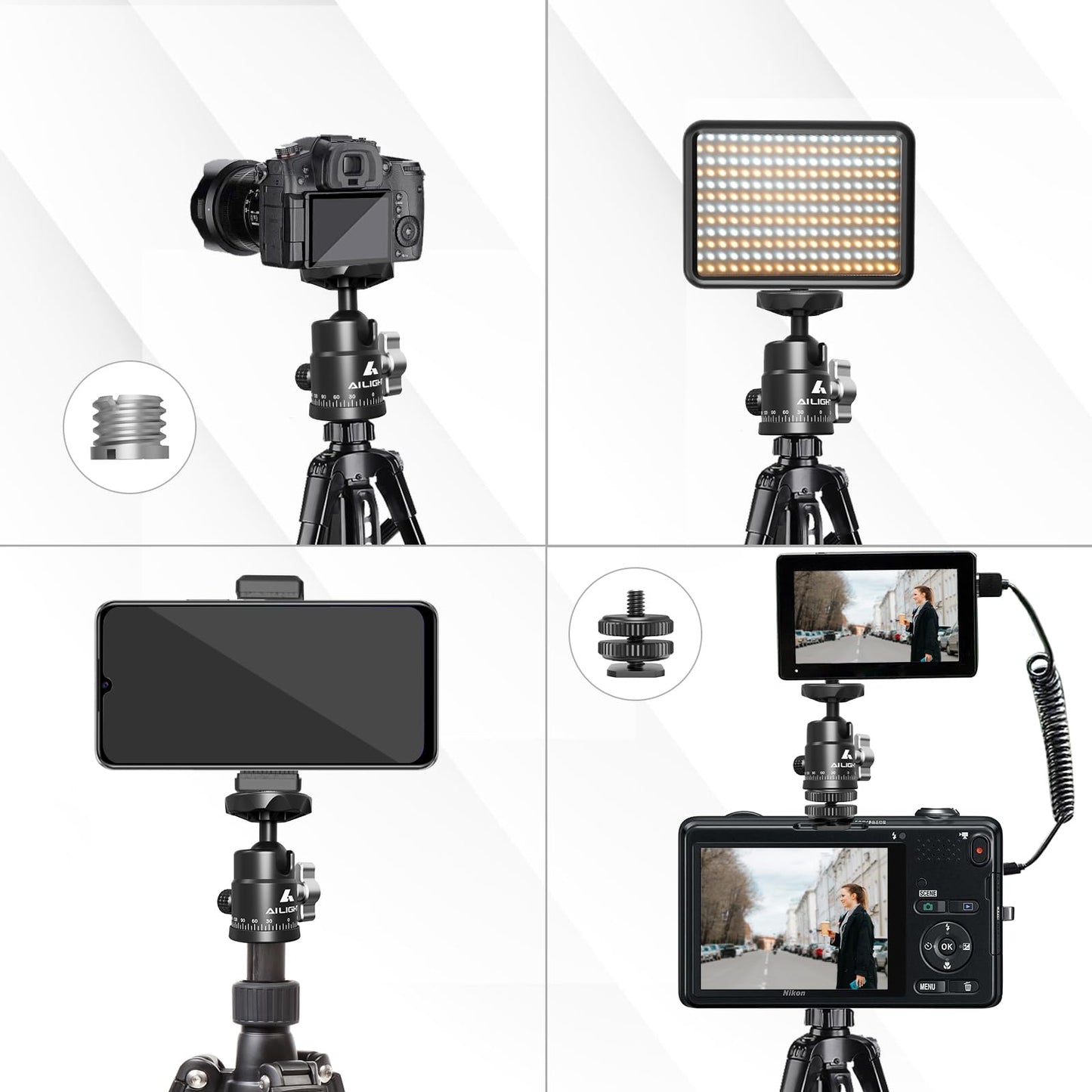 Ailight Mini Ball Head, 360° Panoramic Tripod Head, Universal 1/4" to 3/8" Screw Adapter Swivel Mini Ball Head Screw Tripod Mount, Dual Cold Shoe Mount for DSLR Cameras Camcorder(2 Pack
