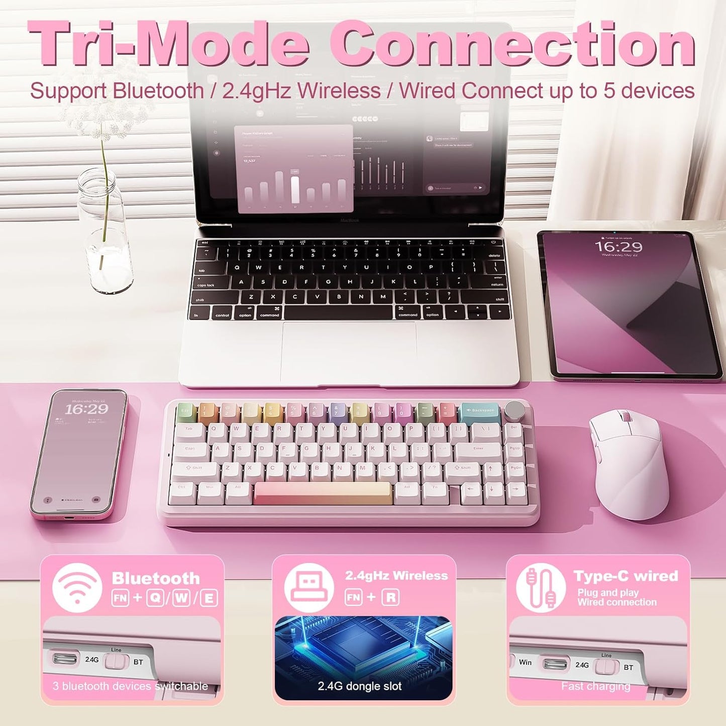 YUNZII B68 Wireless Mechanical Keyboard(Pink, Milk V2 Switch), Keyboard Wrist Rest (Pink