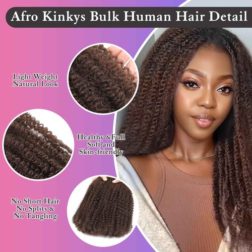 Afro Kinkys Bulk Human Hair for Dreadlocks Extensions Repair Locs, Twist Braiding Afro Kinky Human Hair for Locs Brown Color 22 inches for Micro Locs Extensions 1 Pack 30 Gram(4#/22inch/30g)