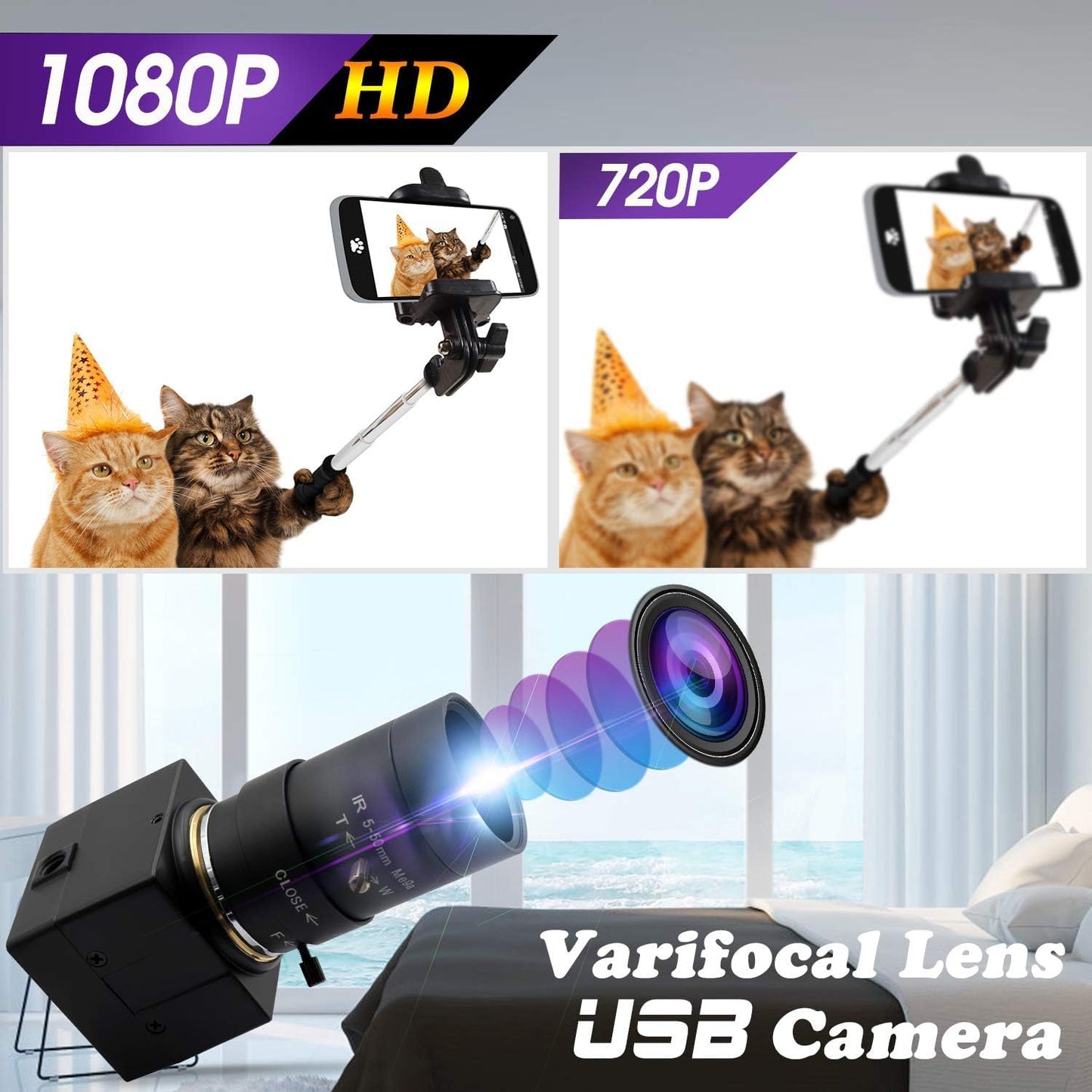 1080P Webcam 5-50mm Varifocal Lens USB Camera HD 2MP 0.01Lux Low Illumination IMX322/IMX323 Sensor Industrial Camera with H.264 Format Plug