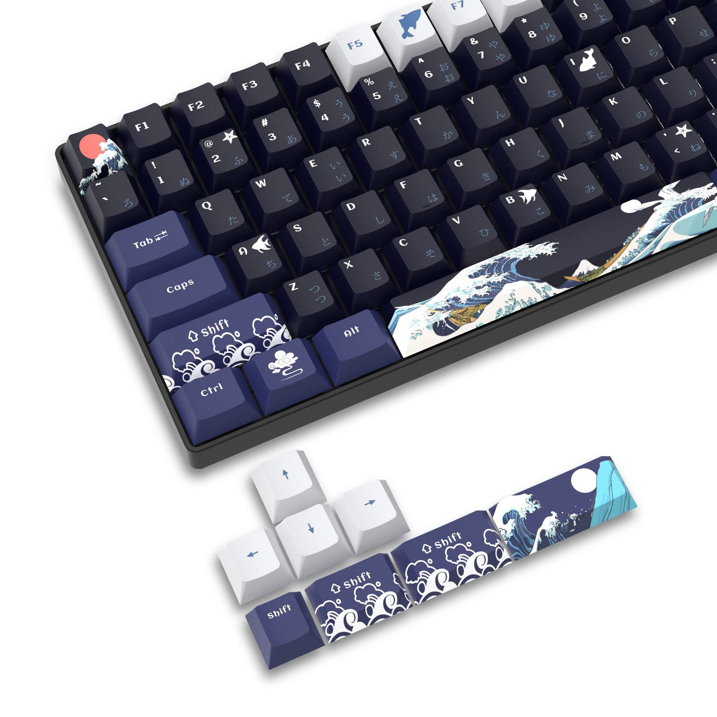 XVX PBT Keycaps - 132 Keys, Great Wave Off Kanagawa Japanese Keyboard Set, 5 Side Dye-Sub Custom Keycaps, Cherry Profile for Cherry/Gateron MX Switches