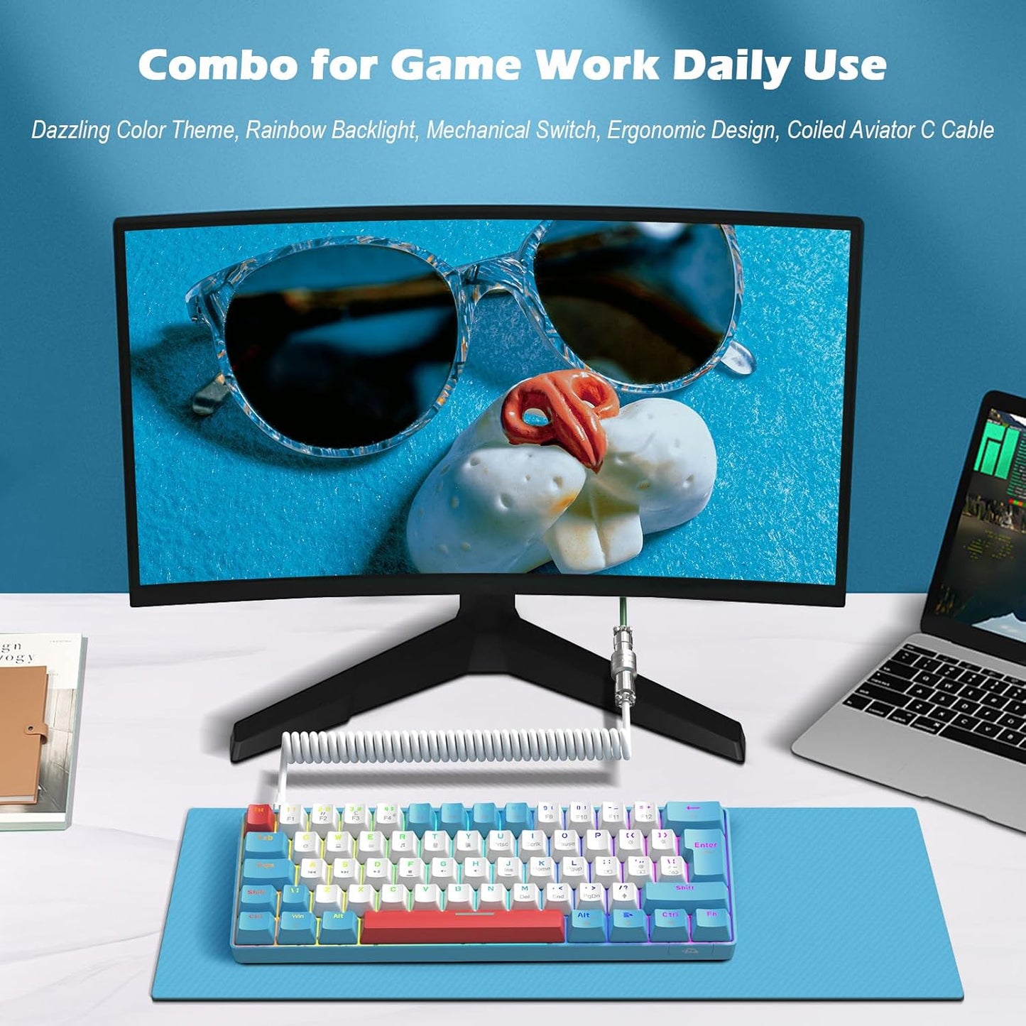 ZIYOU LANG RK-T60 Wired Mechanical Gaming Keyboard and Mouse Combo Portable with Rainbow Backlit 62Key NKRO 6400DPI RGB Honeycomb Mice Coiled Aviator Cable for PS4/PC/WIN Gamer(Dark Gray/Blue Switch)