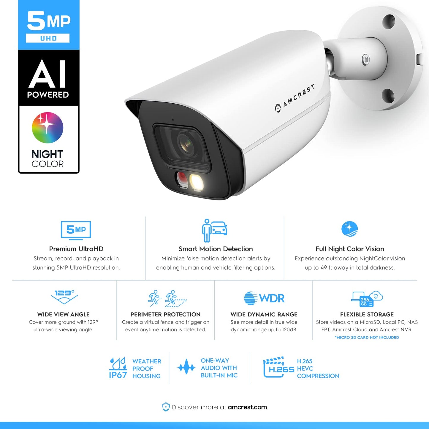 Amcrest 5MP IP PoE AI Camera w/ 49ft Color Night Vision, Security Outdoor Bullet Camera, Built-in Microphone, Human & Vehicle Detection, Active Deterrent, 129° FOV, 5MP@20fps IP5M-B1276EW-AI (White)