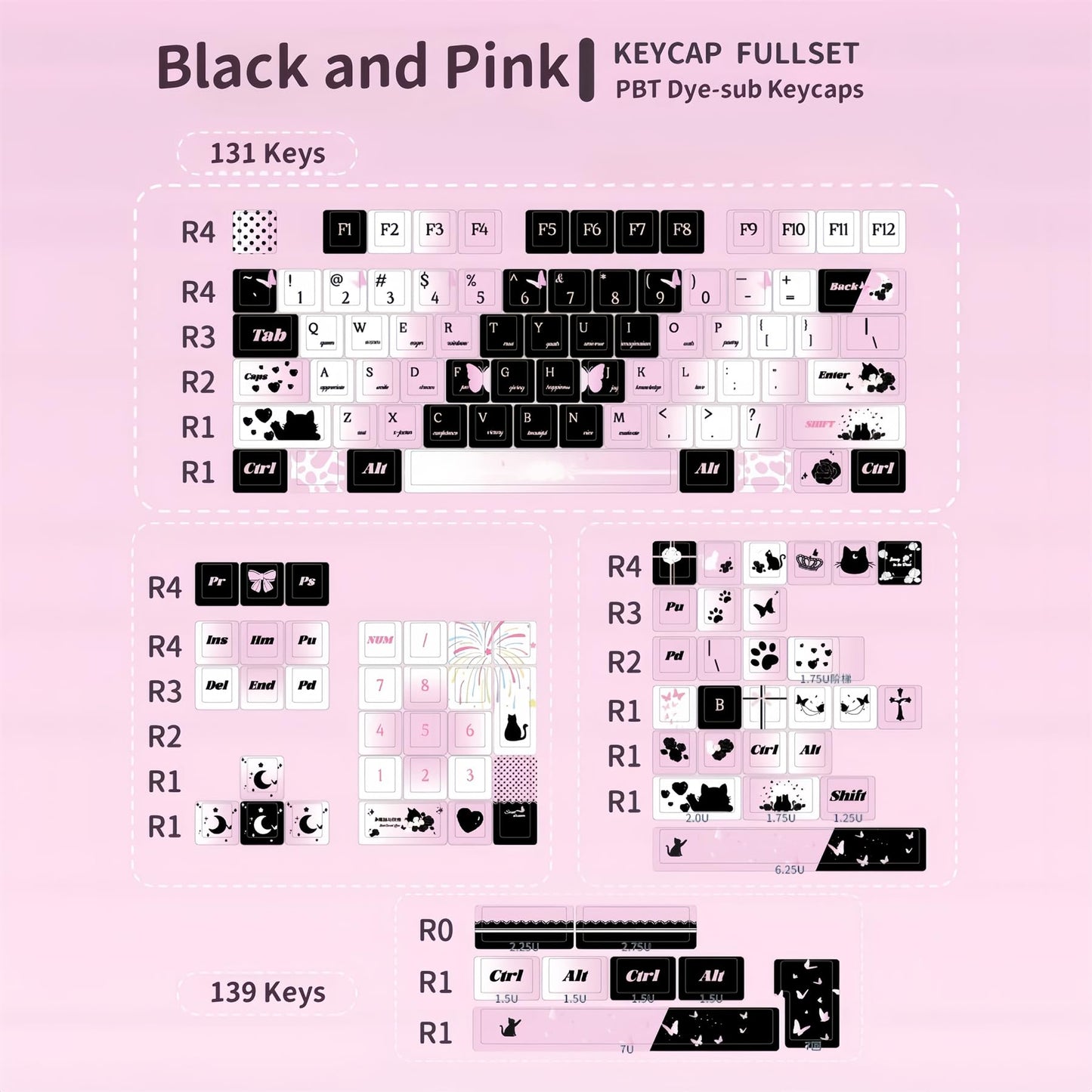 ZMX Black Pink Gradient Keycaps,Cute Cat Aesthetic Rose Custom Keycap Set Cherry Profile Dye Sublimation PBT Keycaps for Cherry MX Switches 60% 75% 100% Mechanical Keyboard (139 Keys)