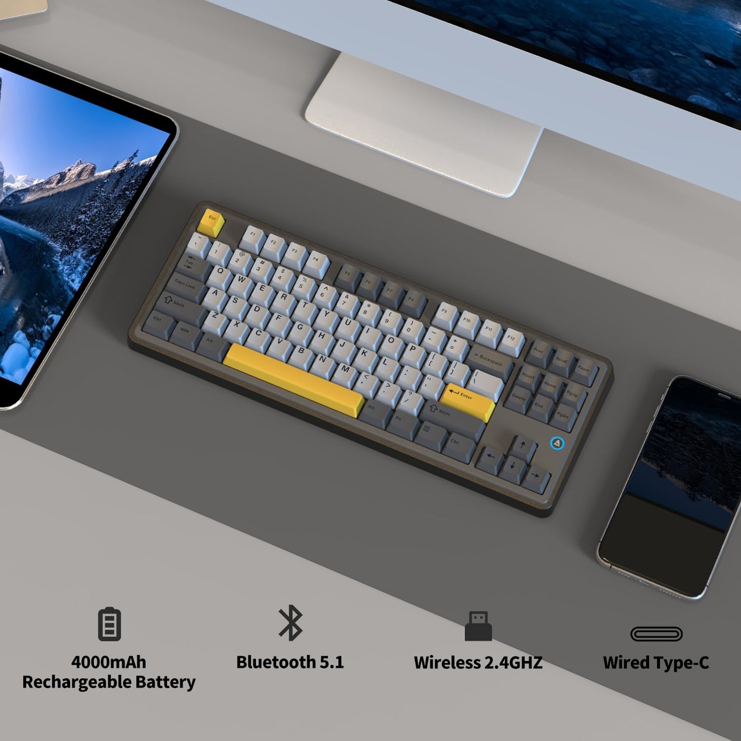 AJAZZ AK870 TKL Hot Swap Gasket Mount Mechanical Keyboard, 4000mAh Bluetooth/ 2.4G/ Type-C RGB Custom Keyboard, South Facing LED for Windows Mac, Flying Fish Switch