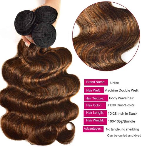 UNice Brown Highlight Body Wave Human Hair Weave 3 Bundles 10 12 14 inch, Brazilian Remy Hair Ombre Blonde Human Hair Wavy Weaves Sew in Piano Color TFB30