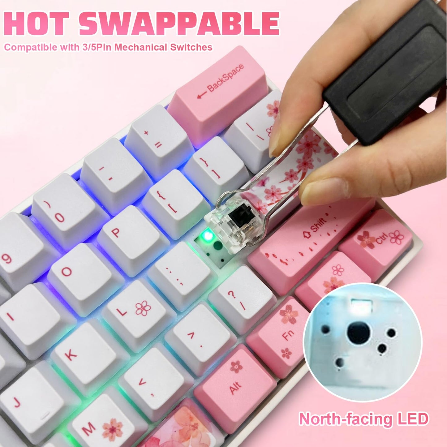 ZMX Cherry Blossom Pink Mechanical Keyboard,60% Compact Hot Swappable USB-C Wired RGB Gaming Keyboard 61 Keys Mini Cute Keyboard with Dye-Sublimation PBT Keycap for PC/Mac (Black Switch)