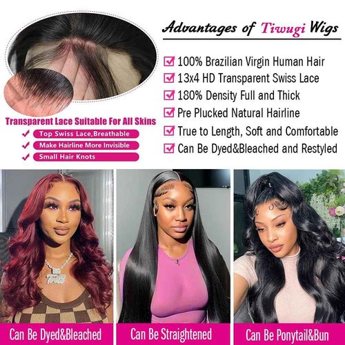 Tiwugi 28 Inch Body Wave Lace Front Wigs Human Hair 13x4 HD Lace Front Wigs Human Hair Pre Plucked Body Wave Glueless Frontal Wigs Human Hair 180% Density for Women