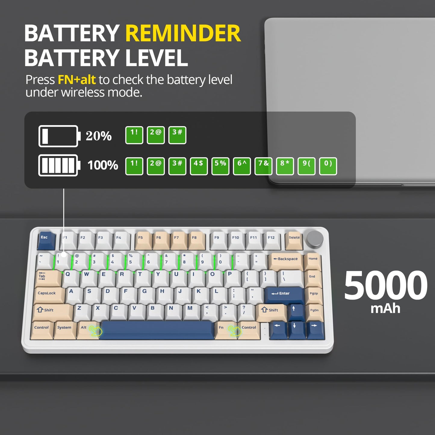 surmen M75 75% Wireless Creamy Keyboard with Gasket, Pre-lubed Triple Mode Bluetooth Mechanical Gaming Keyboard BT5.0/2.4Ghz/USB with Sound Absorbing Pads Hot-Swap(SOYA)