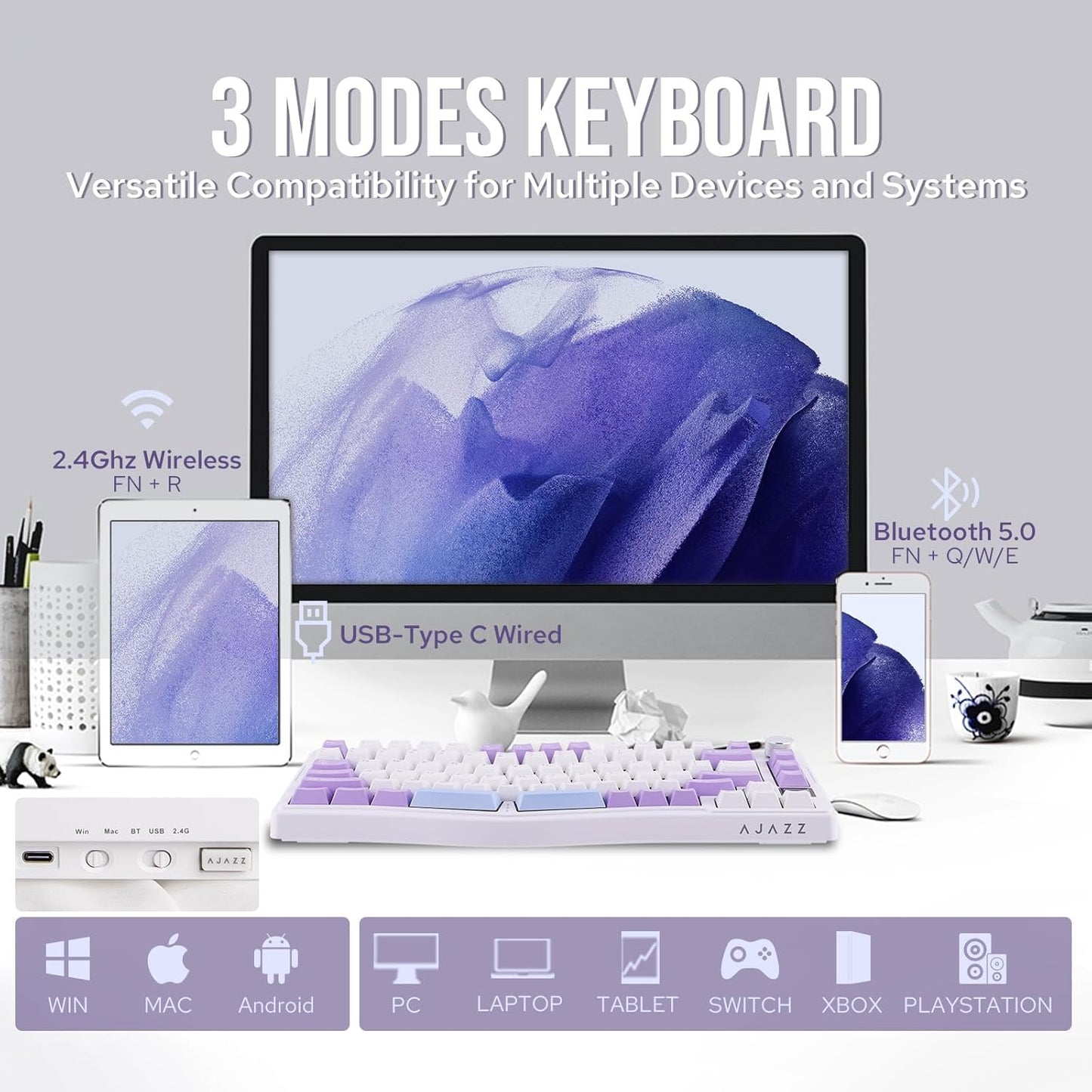 AJAZZ AKS075 Wireless Gaming Keyboard, Hot-Swappable Gasket Mechanical 75% Alice Keyboard with 0.85’ TFT Screen, BT5.1/2.4GHz/USB-C, 5000mAh Battery (White, Gift Switch)
