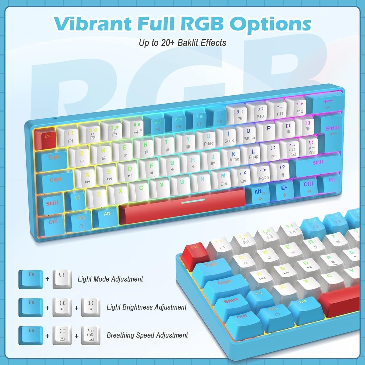 ZIYOU LANG RK-T60 Wired Mechanical Gaming Keyboard and Mouse Combo Portable with Rainbow Backlit 62Key NKRO 6400DPI RGB Honeycomb Mice Coiled Aviator Cable for PS4/PC/WIN Gamer(Dark Gray/Blue Switch)
