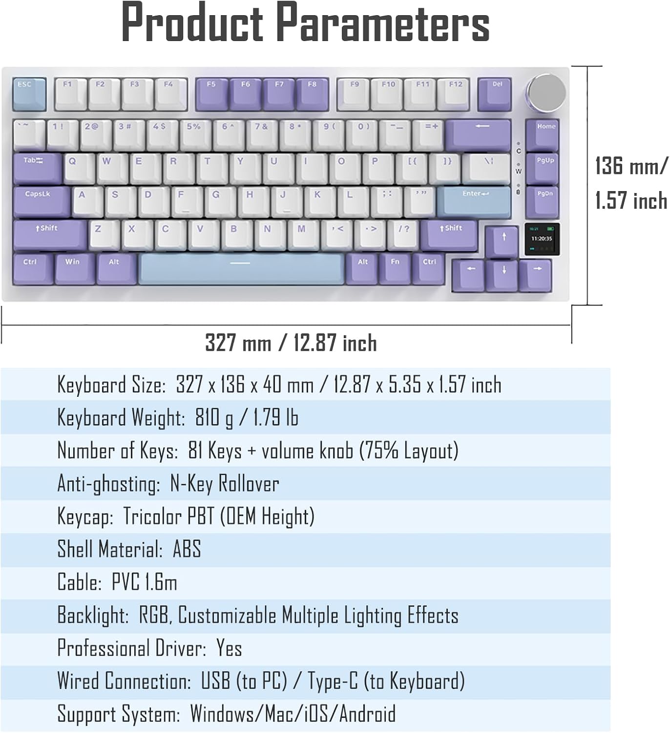 AJAZZ AK820 Pro 75% Gasket RGB Wireless Mechanical Keyboard with TFT Screen, Volume knob, Bluetooth/2.4G/Wired 3-Modes, Compact 82 Hot-Swap Keys, Tricolor PBT Keycap, 4000 mAh (Gray&Yellow 3-Modes)