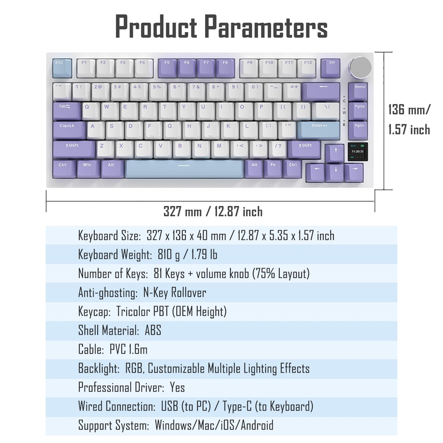 AJAZZ AK820 Pro 75% Gasket RGB Wireless Mechanical Keyboard with TFT Screen, Volume knob, Bluetooth/2.4G/Wired 3-Modes, Compact 82 Hot-Swap Keys, Tricolor PBT Keycap, 4000 mAh (Purple&Blue 3-Modes)