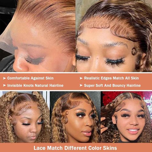 26inch 13x6 Lace Front Wigs Human Hair 4/27 Ombre deep Wave Lace Front Wigs Honey Blonde Curly Human Hair Wig HD Lace Frontal 180 Density