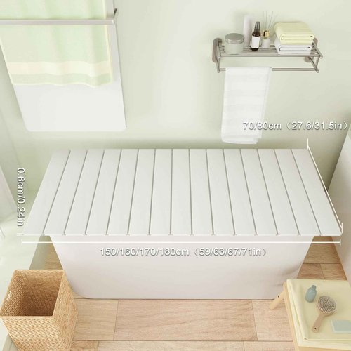 Bathtub Tray, Foldable Anti-dust Bathtub Cover Bath Insulation Cover, PVC Shutter Bath Lid Fit Most Tubs, Can Store Wine Glass, Books, Tablets, Cellphones (White, 150×70×0.6CM)