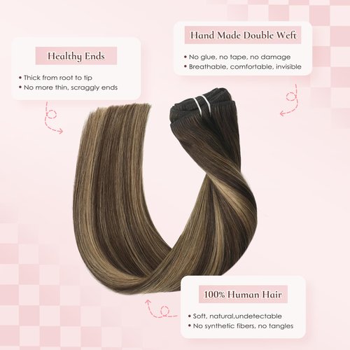 Hyssiet 18 Inch Invisible Clip in Real Human Hair Extensions,Balayage Chocolate Brown to Caramel Blonde,85 Gram 7 Pieces With 16 Clips,Remy Thick Straight Hair, No Slip, No Shedding
