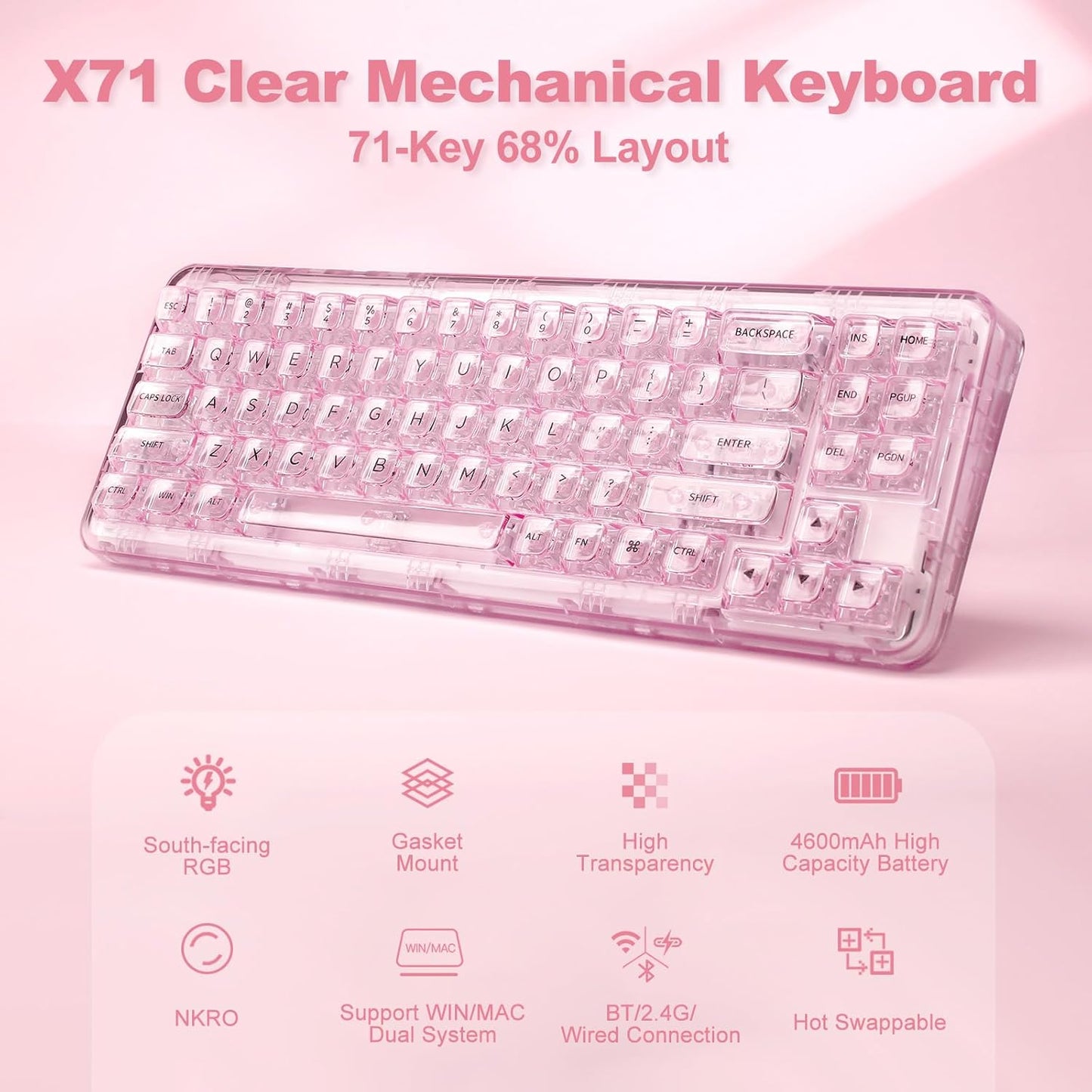 YUNZII X71 Transparent Mechanical Keyboard with Clear Keycaps(Crystal Ice Switch,Pink), Coffee Cat Dye Sub PBT Keycaps(Cherry Profile, Coffee Cat)