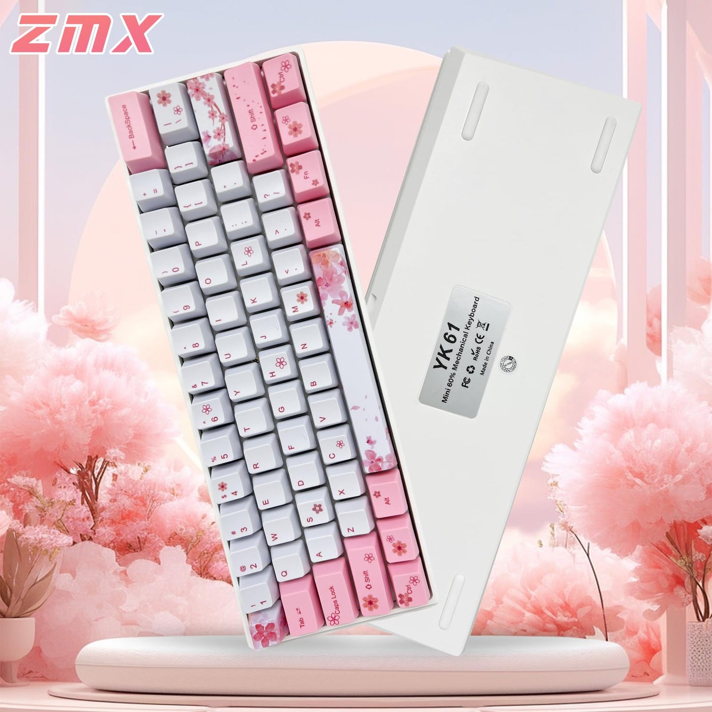 ZMX Cherry Blossom Pink Mechanical Keyboard,60% Compact Hot Swappable USB-C Wired RGB Gaming Keyboard 61 Keys Mini Cute Keyboard with Dye-Sublimation PBT Keycap for PC/Mac (Black Switch)