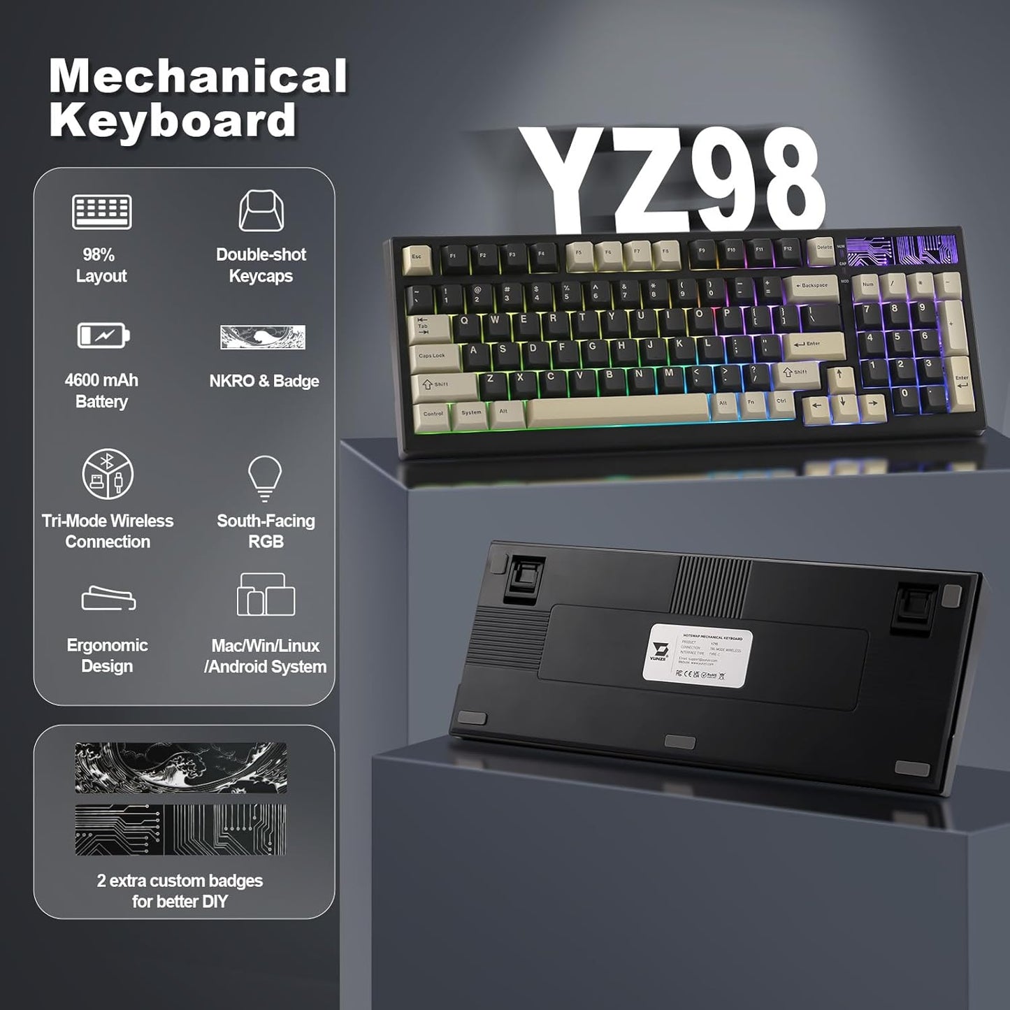 YUNZII YZ98 Gasket Mechanical Keyboard(Milk Switch, Black) Keyboard Wrist Rest(Cat)
