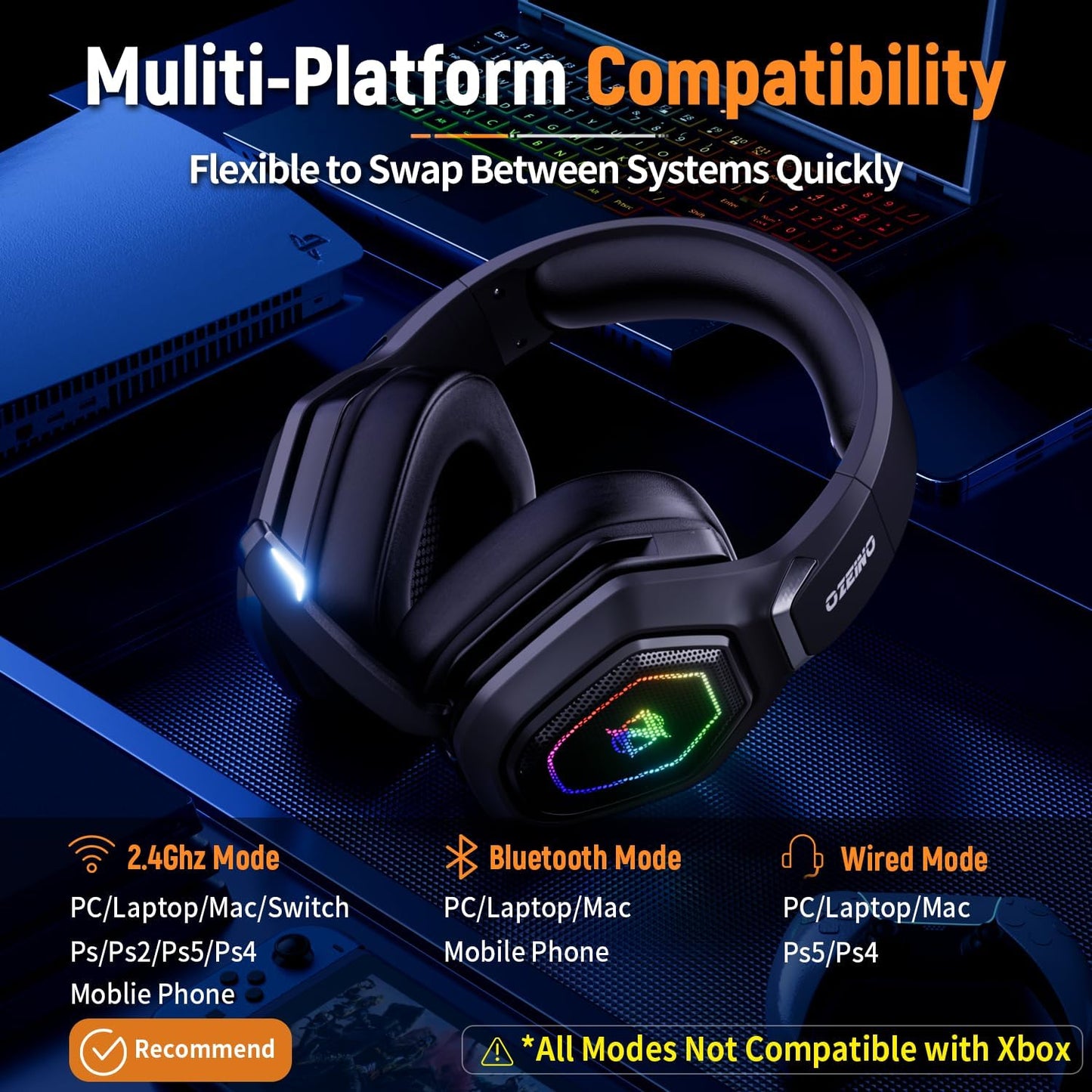 2.4GHz Wireless Gaming Headset for PC, Ps5, Ps4 - Lossless Audio USB & Type-C Ultra Stable Gaming Headphones with Flip Microphone, 40-Hr Battery Gamer Headset for Switch, Laptop, Mobile, Mac
