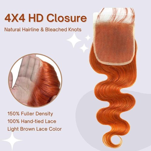 HERMOUS 12A Ginger Bundles With Closure Body Wave Human Hair, Soft And Shed-Free Colored #350 Copper Orange 3 Bundles Human Virgin Hair With 4x4 HD Lace Closure Pre Plucked 10 12 14+10 IN Wavy Weave