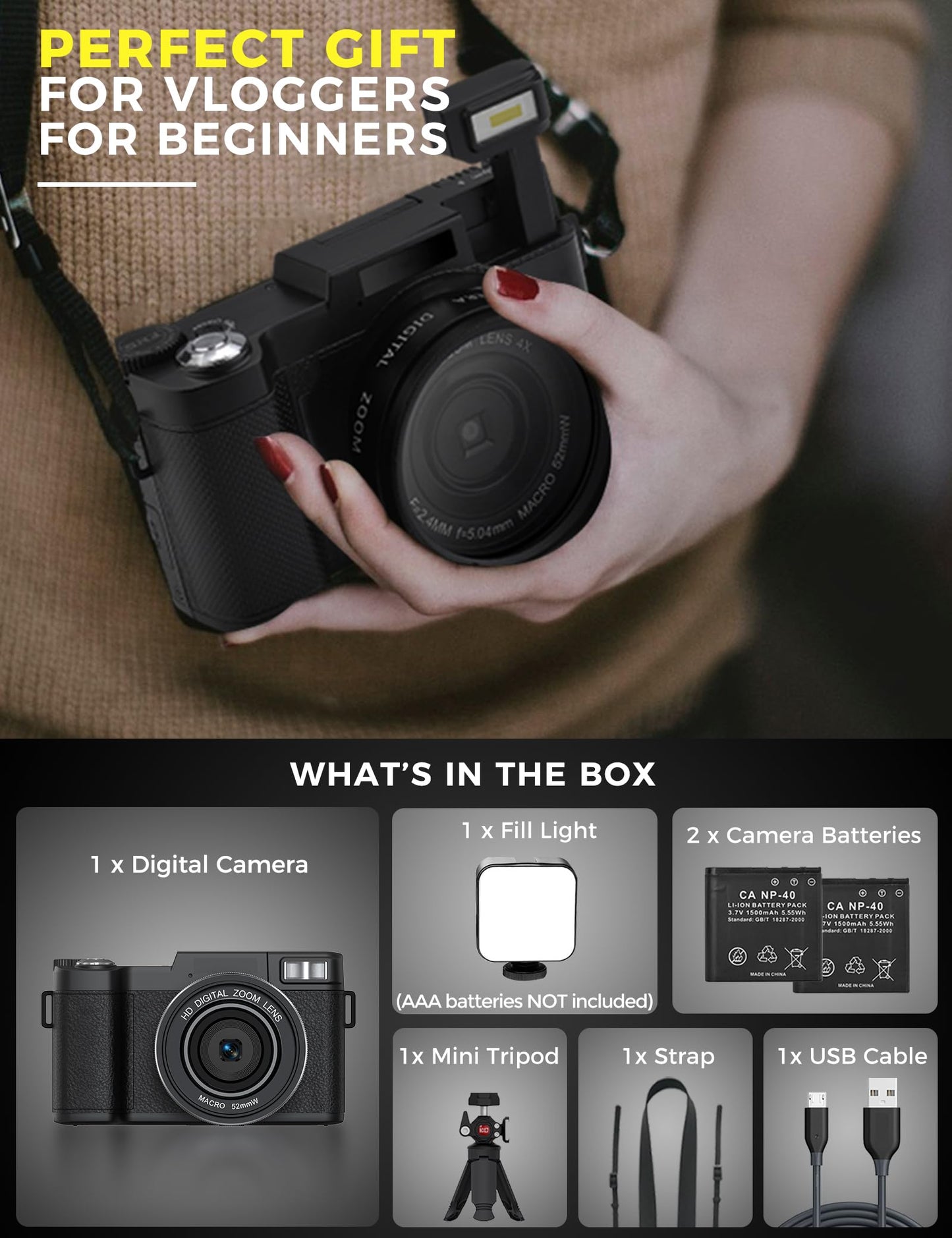 5K Digital Camera with WiFi 64MP Autofocus Full HD Vlogging Camera for YouTube Point and Shoot Camera with Flip Screen Photography Cameras for Beginners with Selfie Light, Mini Tripod, Batteries