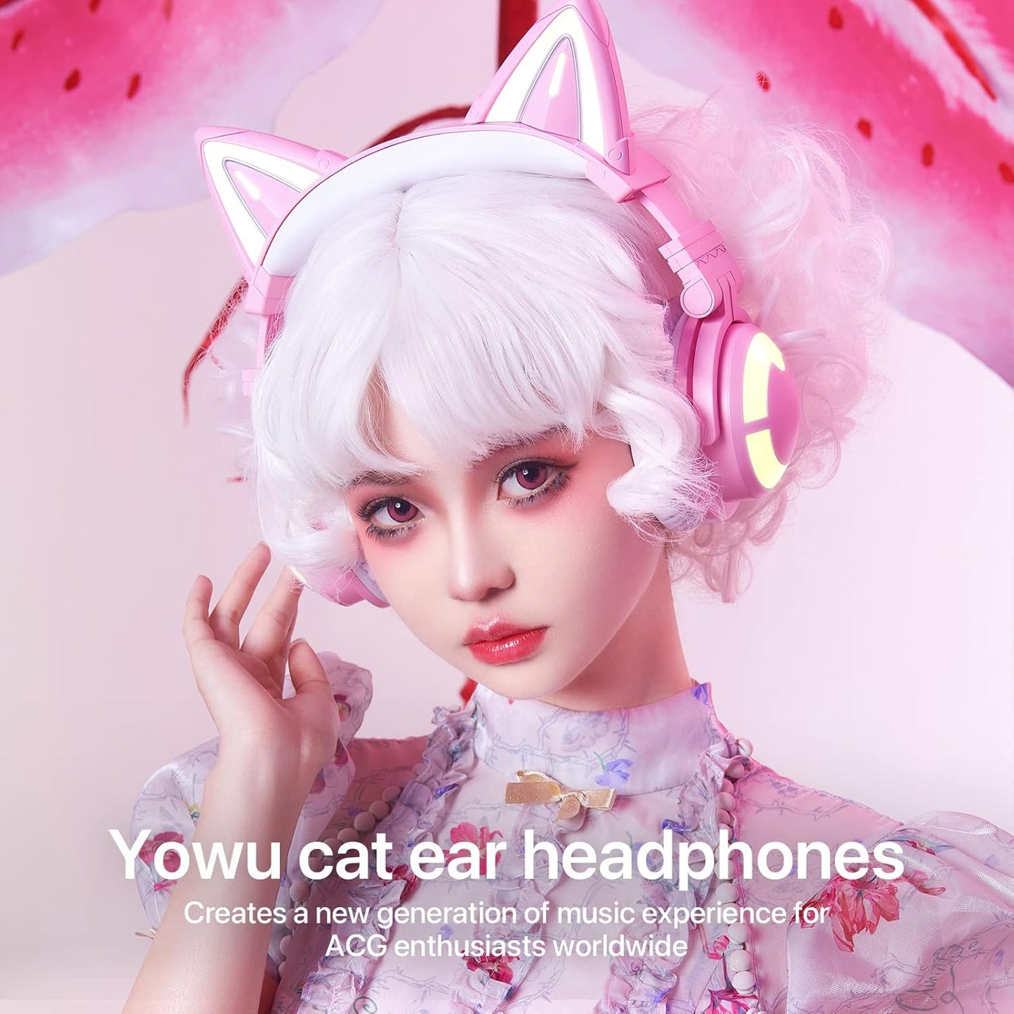 YOWU Cat Ear Headphones 3G, RGB Wireless/Wired 5.0 Foldable Gaming Headset with 7.1 Surround Sound, Built-in Mic & Customizable Lighting and Effect via APP(White)