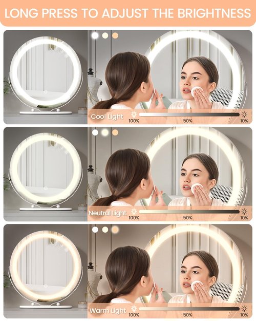 GAOMON Vanity Mirror with Led Lights, 19 Inches Touch Control 3 Color 2024 New Dimmable Makeup Mirror, 360°Rotation Round Desk Mirror, Easy to Assemble (White)