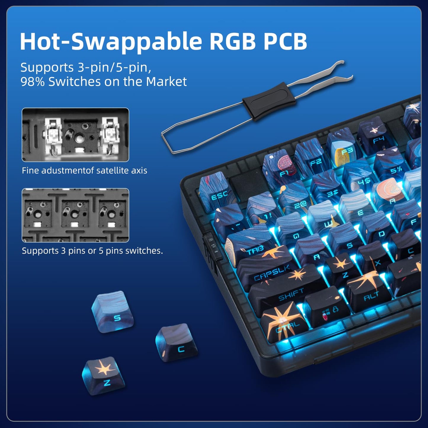 ZORNHER ZH980 Wireless Mechanical Gaming Keyboard,95% Blue Creamy Keyboard with Number Pad,Van Gogh's Starry Night Dye Sublimation PBT Keycaps,Pre-lubed Linear Switches,Hot-Swappable,RGB Backlit