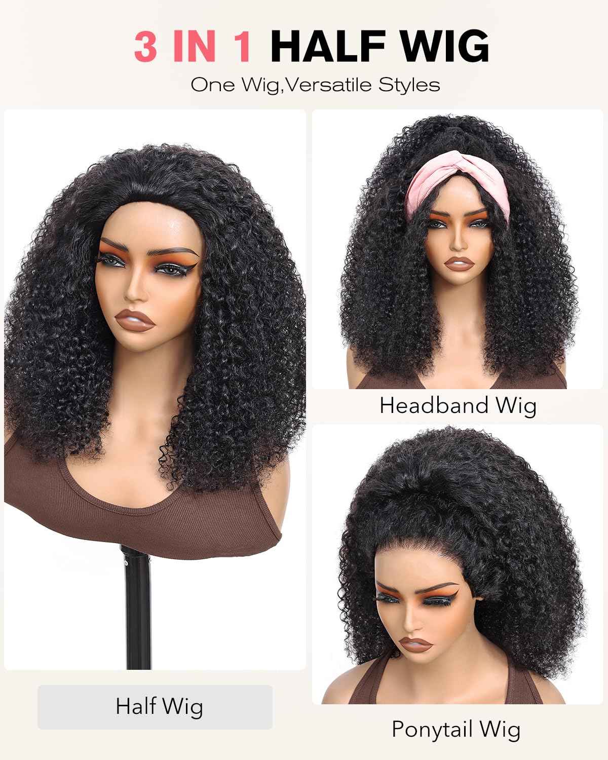 Kinky Curly Half Wig Human Hair 210 Density 3 In 1 Seamless Flip Over Half Wigs Glueless Kinky Curly Wigs Human Hair Beginner Friendly 360 Degree Flexi-fit Drawstring Headband Wig for Women 16 Inch