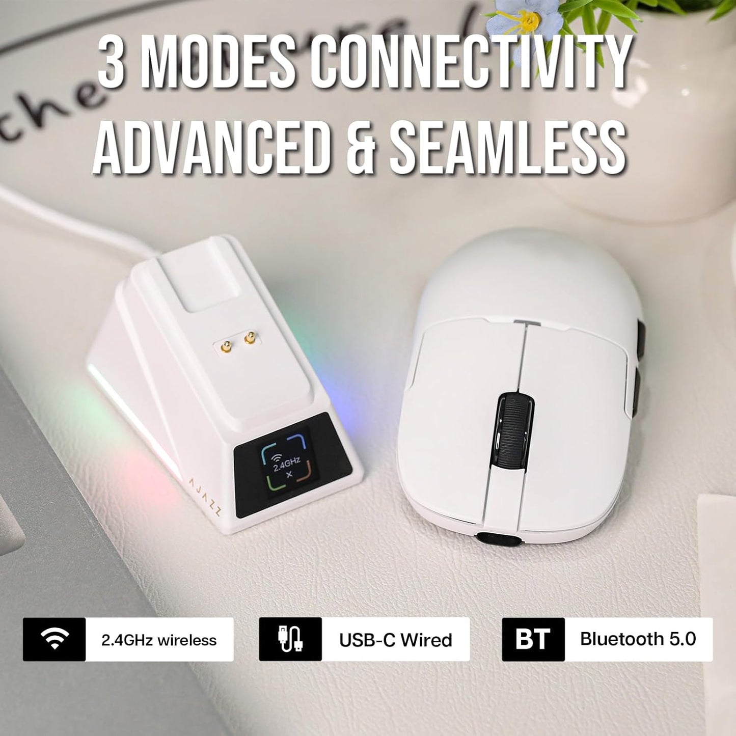 AJ159 APEX Wireless Mouse, Lightweight Gaming Mice, with Magnetic Charging Design and Display Screen, 30000 DPI, PAW3950 Sensor, BT/2.4G/Wired Connection, 400mAh Battery (White)