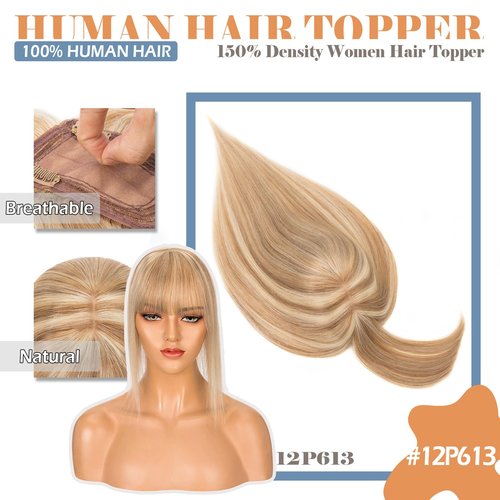Hairro Human Hair Toppers With Bangs Clip In Remy Topper Hairpiece For Women Clip On Toupee Wispy Middle Part Hair Loss Thinning Hair 12 Inch 38g #12P613 Golden Brown Mix Bleach Blonde