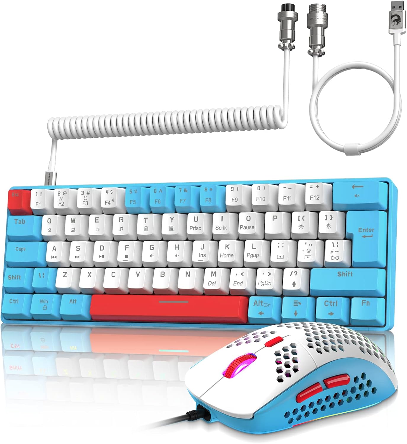ZIYOU LANG RK-T60 Wired Mechanical Gaming Keyboard and Mouse Combo Portable with Rainbow Backlit 62Key NKRO 6400DPI RGB Honeycomb Mice Coiled Aviator Cable for PS4/PC/WIN Gamer(Light Gray/Red Switch)