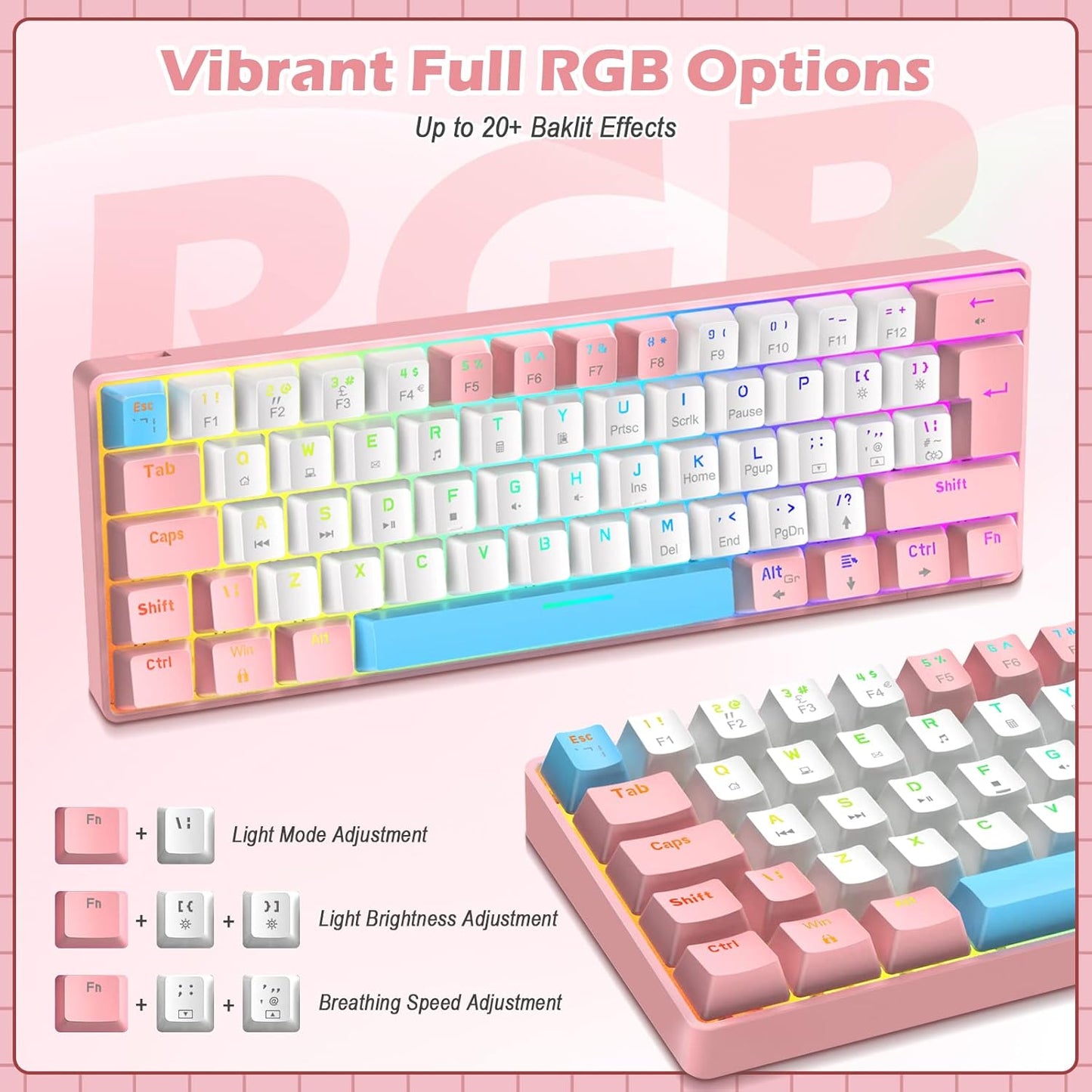 ZIYOU LANG RK-T60 Wired Mechanical Gaming Keyboard Mini Portable with Rainbow Backlit 62Key ABS Keycaps Full Anti-Ghosting Ergonomic Design Coiled Aviator Cable for PS4/PC/WIN Gamer(Blue/Red Switch)