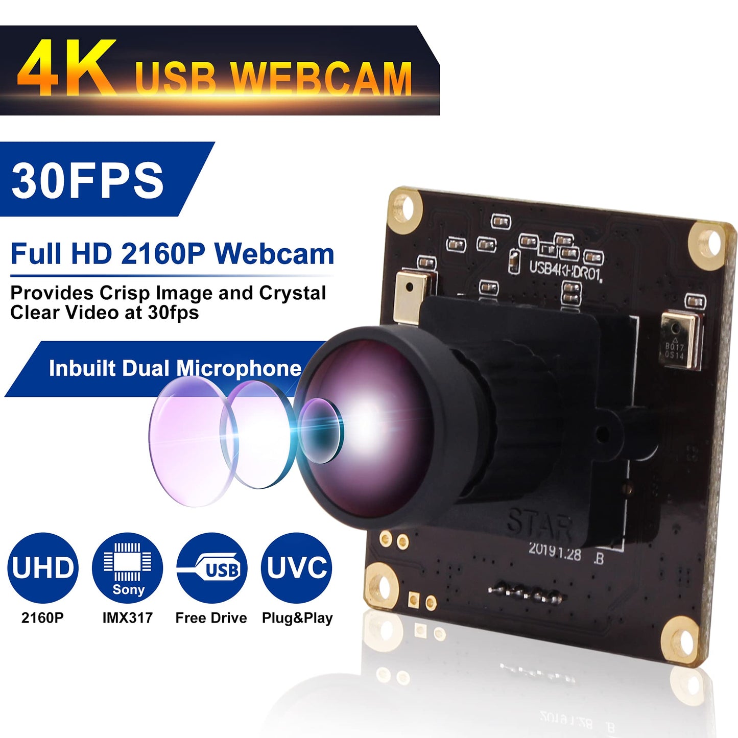 ALPCAM 4K USB Camera Ultra HD 2160P Webcam with IMX317 Sensor, 170 Degree Fisheye Lens, Dual Microphone, Plug and Play for Windows/Mac/Linux/Raspberry Pi